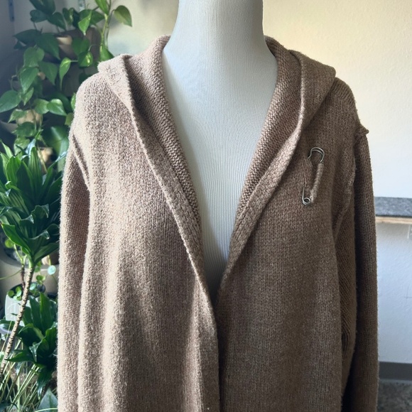 Tahari Tan Cream Wool Acrylic Nylon Knit Hooded Cardigan size 2X - Picture 2 of 13